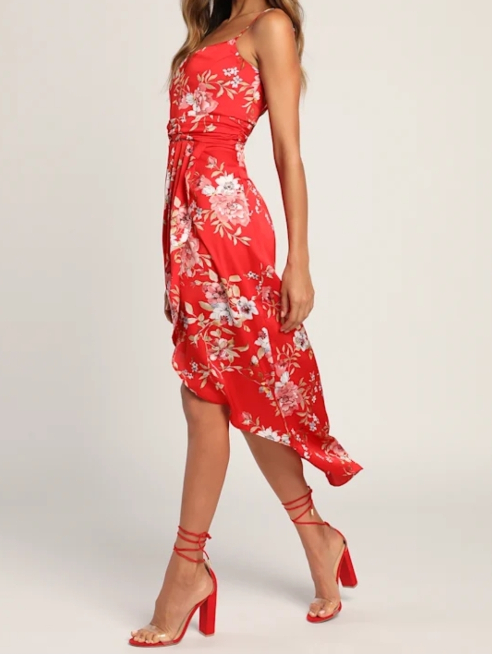 Lulus My Favorite Day Red Floral Print Faux-Wrap Tulip Skirt Midi Dress XS NWT! - Picture 5 of 11
